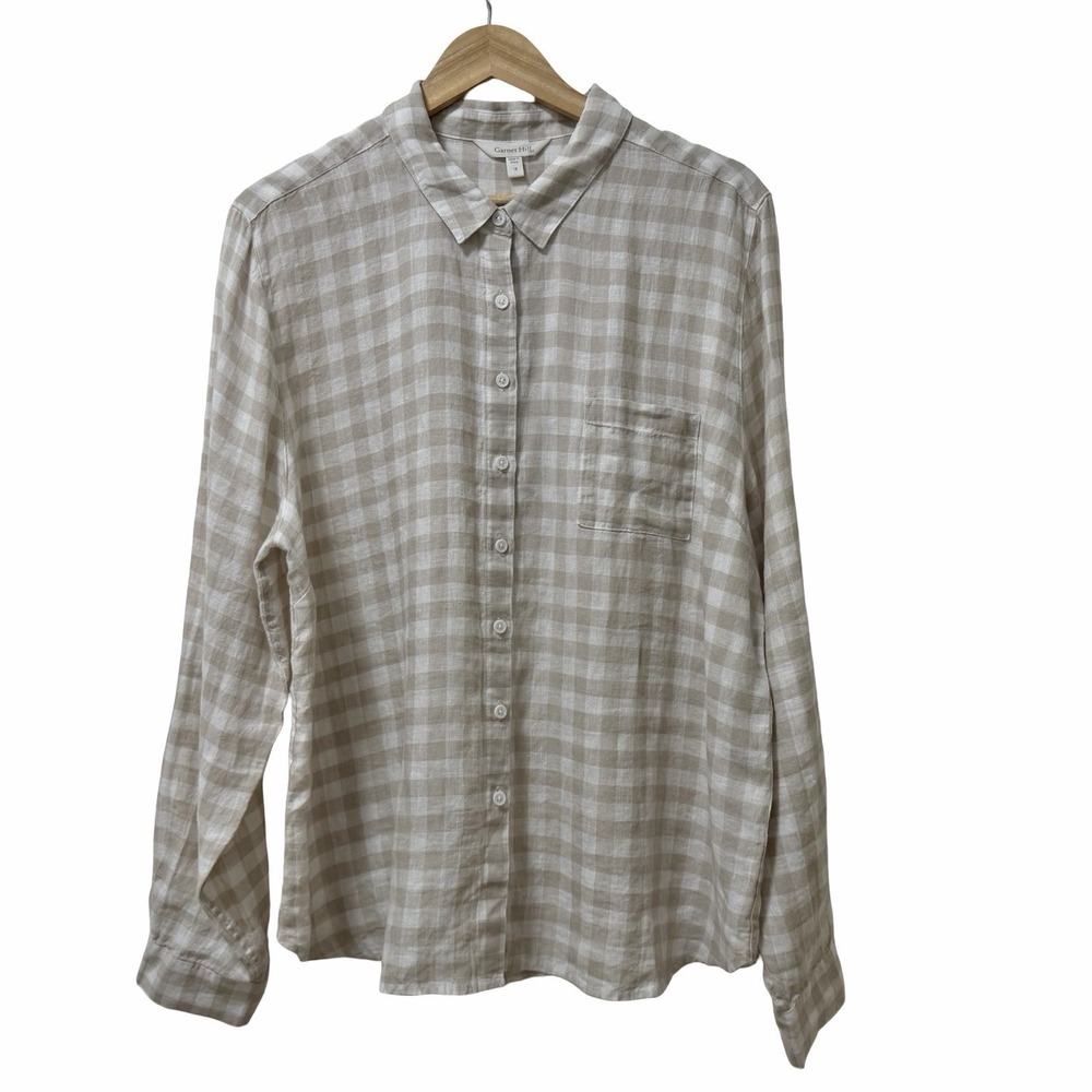 Garnet Hill Womens Gingham Linen Button Up Shirt Size 18 Stripe Coastal Beachy